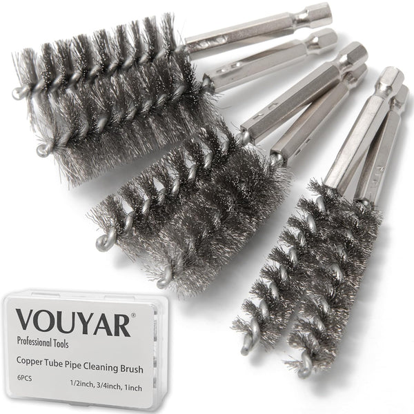 6pcs Copper Tube Pipe Cleaner, 1/2” 3/4” 1” Pipe Cleaning Brush Set, Stainless Steel Wire Bore Brushes for Power Drill