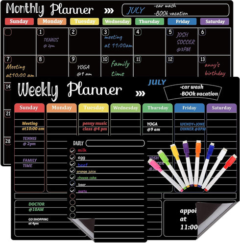 Hivillexun Magnetic Black Dry Erase Calendar White Board Set (3-Pack) for Home & Office, Includes 8 Markers