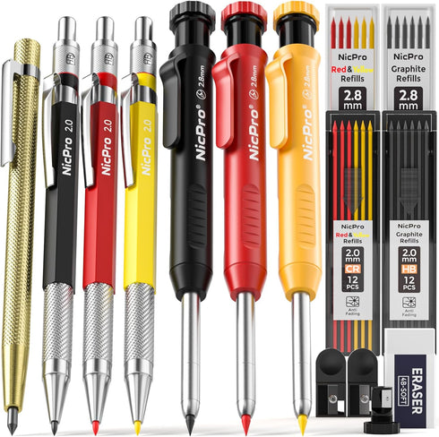 Nicpro 16 Pack Mechanical Carpenter Pencil Set with 42 Refill & Carbide Scribe Tool for Heavy Duty Woodworking