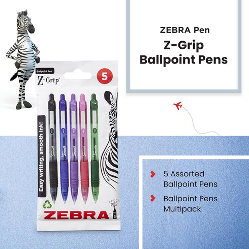 Zebra Pen Z Grip Smooth Multi- Coloured & Black Ballpoint Pens, Smooth & Comfortable Retractable Pens With Pocket Clip, Multipack Biro Pens - Medium Point, 5 pack by Zebra