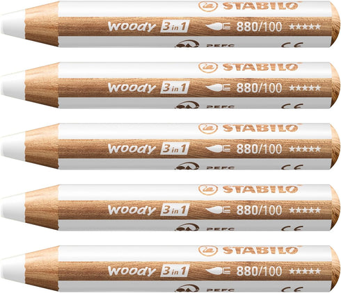 STABILO Woody 3 in 1 Multi Talent Pencil Crayon - White - Pack of 5