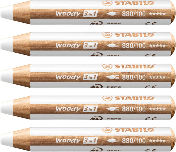 STABILO Woody 3 in 1 Multi Talent Pencil Crayon - White - Pack of 5