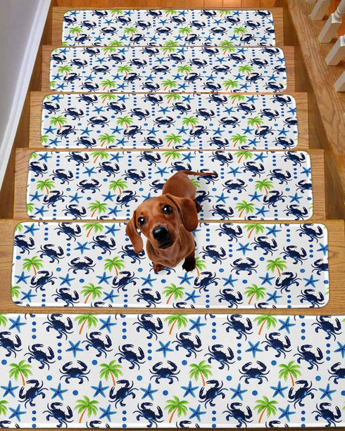 BOHOOSKYLAR Summer 4 8"x30" Marine Life Stair Treads Watercolor Navy Blue Starfish Crabs Coconut Tree Indoor Non Slip