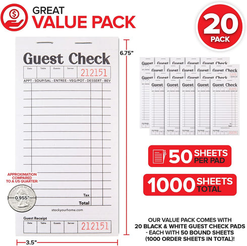 (20 Pack) 1000 Stock Your Home Black+White Guest Check Books for Servers Server Note Pads, Waiter Checkbook, Food