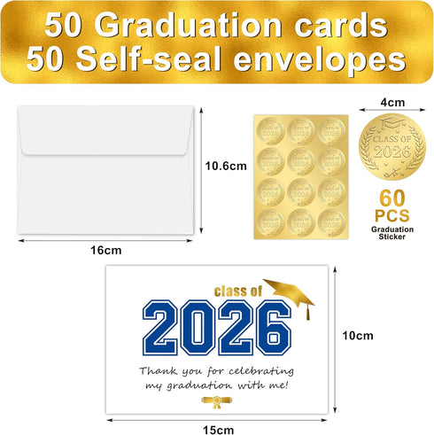 Yitla 50 Sets 2026 2026 Gold Foil Graduation Thank You Cards with Envelopes and Stickers, Blue Graduation Card Bulk