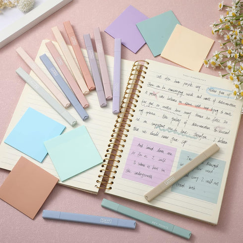Yinder 12 Pcs Bible Highlighters No Bleed, Pastel Colors Chisel Tip, 6 Pack 300 Sheets Cream Colors Transparent Clear Sticky Notes 3 x 3 Inch, Neutral Colors Bible Study Supplies for Note (Simple)