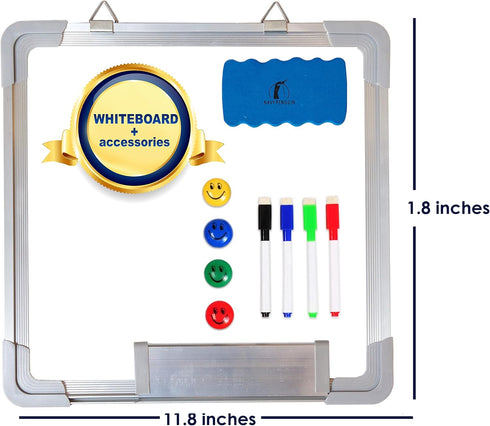 Whiteboard Set - White Board 12 x 12" with 1 Magnetic Eraser, 4 Dry Erase Marker Pens and 4 Magnets - Small White Wall Hanging Message Eraseboard for Home Office School (12x12") by Navy Penguin