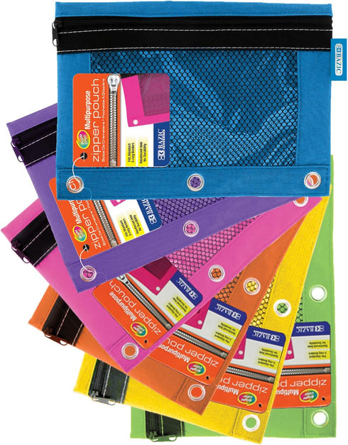 BAZIC Bright Color 3-Ring Pencil Pouch with Mesh Window