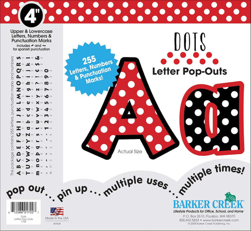 Barker Creek Letter Pop-Outs, 4" Dots Multicolor Designer Letters for Bulletin Boards, Signs, Displays, and More!