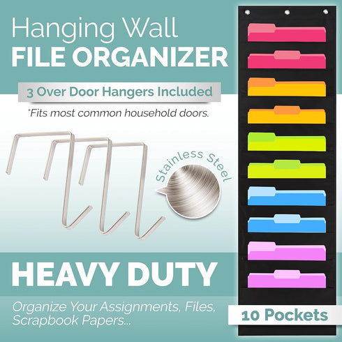 Black Pocket Chart for Classroom - 10 Pocket Storage Rainbow Charts, 2 Over Door Hangers Included