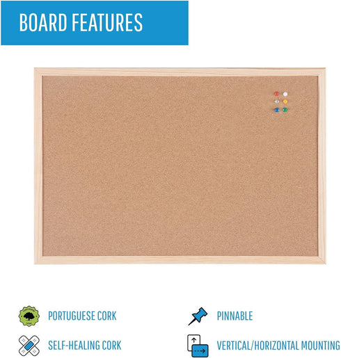 MasterVision Cork Push Pin Bulletin Board, 12" x 18" with Pine Wood Frame and Wall Mount Kit