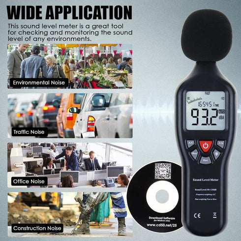 Decibel Meter Sound Level Meter with CD Software, Audio Noise Measuring Range 30 – 130 dB