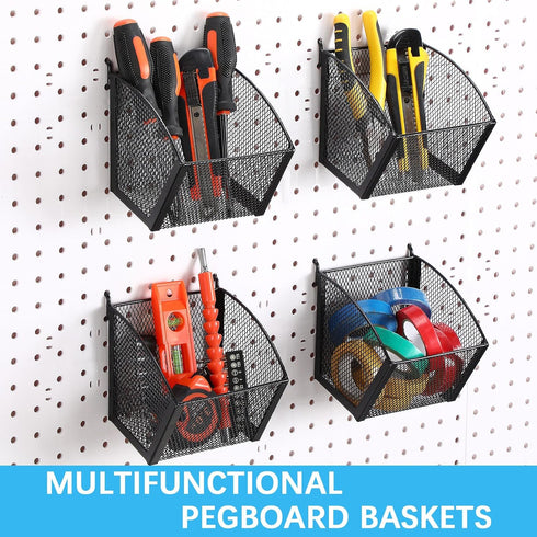 4 Pack Metal Wire Pegboard Baskets, Hanging Wall Mount Storage Bins, Pegboard Containers for Office Workshop Organizing