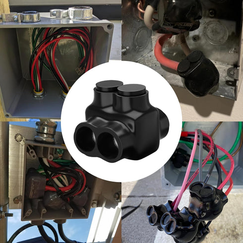OhLectric 2 Port Multi Cable Connectors, 250 MCM-#6-2 Black Insulated Vinyl Coated Electrical Power Connector