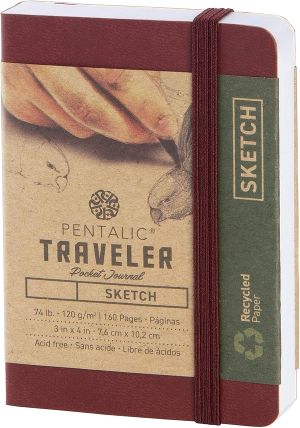 Pentalic 3" x 4" Pocket Sketchbook Traveler Journal, 160 Pages, Burgundy