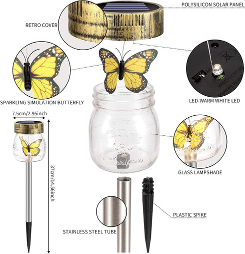 SUNWIND 3 Pack Solar Garden Lights Outdoor Decorative - Decorative Butterfly Glass Jar Lights for Pathway, Lawn, Yard