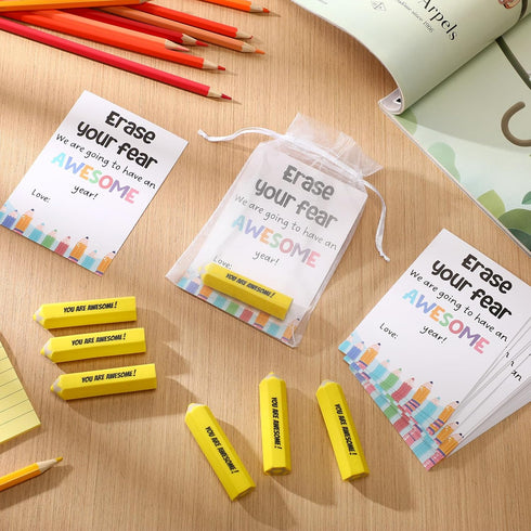 Spakon 25 Sets First Day of School Gifts, Inspirational Erasers & Organza Bag for Students