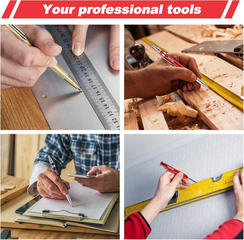 Enhon Mechanical Carpenter Pencils Set with Marker Refills, Carbide Scriber Tool, Built-in Sharpener for Woodworking