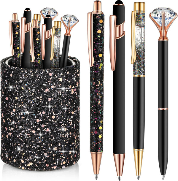 Sabary 8 Pcs Ballpoint Pens with Pen Holder, Metal Crystal Diamond Pen, Glitter Pencil Holder, Fancy Black Ink Pens for