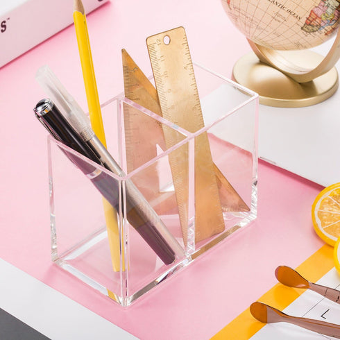 Gejoy Clear Acrylic Pencil Pen Holder - Makeup Brush Organizer with 2 Compartments for Desktop