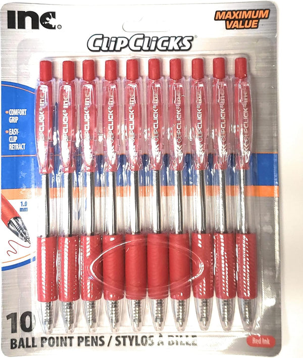 Clip Clicks by INC - 10 Pack Retractable Comfort Grip Ball Point Pens, 1.0mm Red Ink