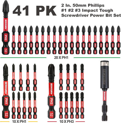 Anti-slip Hex Impact Tough Magnetic Screwdriver Bits Set 2 in. PH1/PH2/PH3 Insert Driver Bits,40Pack 1/4 Inch Hex Shank Phillips Cross Screwdriver Bits Set with 1Pcs Impact Bit Holder by GEINXURN