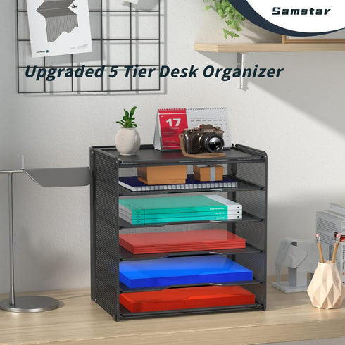 Samstar Letter Tray Paper Organizer, Mesh Desk File Organizer with 5 Tier Shelves and Sorter, Black by samstar