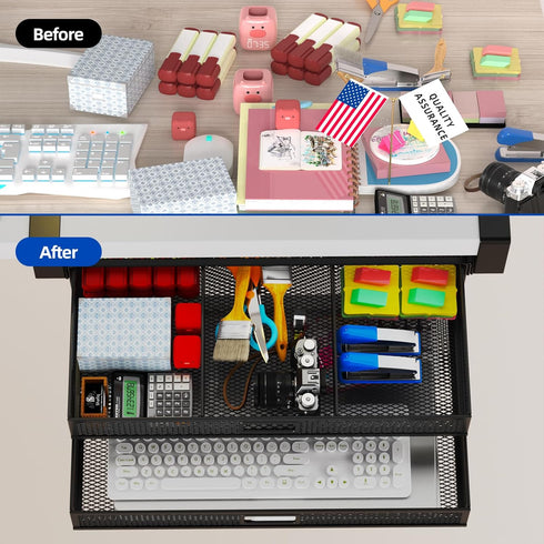 Under Desk Drawer Organizer, No Drilling 2 Slide Out Drawer for Home and Office Management