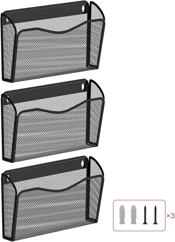 Wall File Organizer, Mesh Hanging File Organizer with 3 Single Pockets for Home Office Organization and Storage