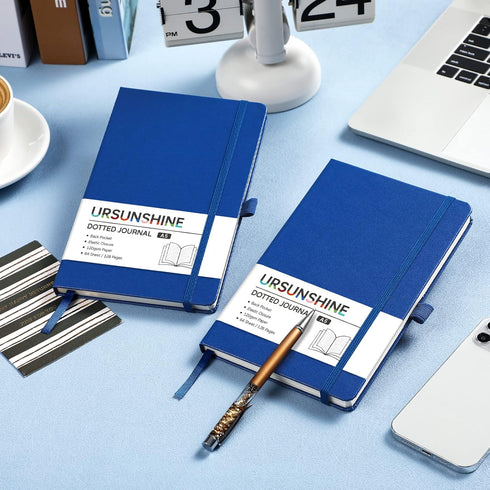 Dotted Journal/Notebook: Dot Grid Hard Cover, Premium Thick Paper, 5.3'' x 8.26'', Black Smooth Faux Leather, Deep Blue