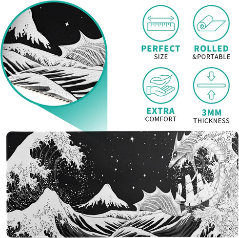 Black and White Japanese Wave Dragon Gaming Mouse Pad - Abstract Non-Slip Rubber Base, 31.5x11.8 Inch, Stitched Edges