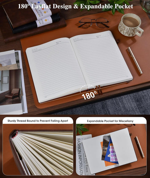 Lined Leather Journal Notebook, B5 Size, 256 Numbered Pages, 100GSM Thick Ruled Paper, Brown, 7.6"×10" for Men Women