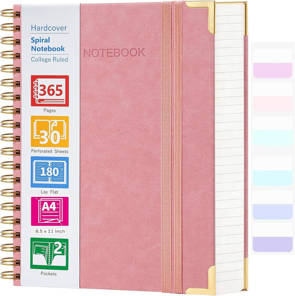 Spiral Notebook, 365 Pages, 8.5" x 11", Large Leather College Ruled Journal, 24pcs Index Tabs, Pink