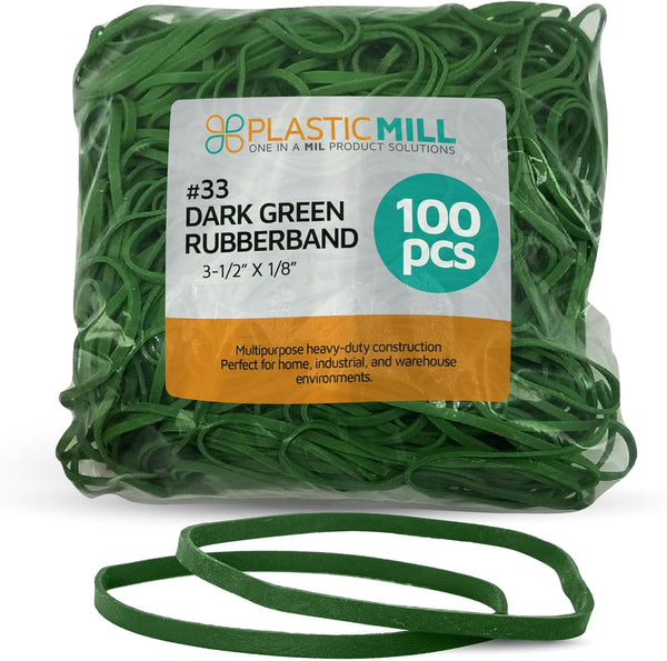 PlasticMill Dark Green Rubber Bands Size 33 (3 1/2" x 1/8") - #33 Colored Office Supplies - Strong Elastic Bands for