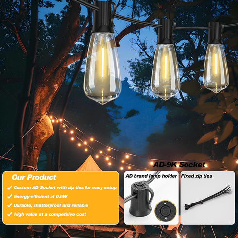 Adirxon 50 27 Bulbs FT Outdoor String Lights with Shatterproof Waterproof LED Edison Connectable Hanging Patio Lights