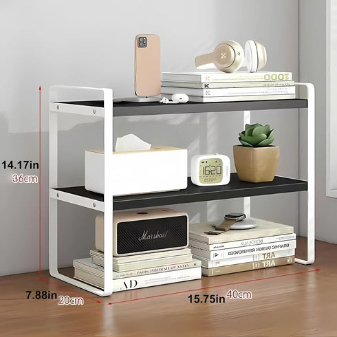 Hbluefat Desktop Organizer Shelf, 2-Tier Multipurpose Wood Office Desk Storage Rack, Small Computer Desk Bookshelf for
