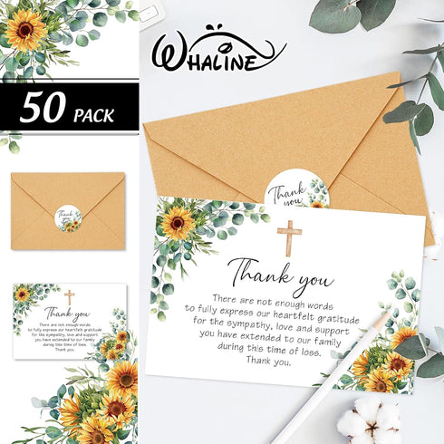 50 Whaline Pcs Funeral Thank You Card Sunflower Eucalyptus Sympathy Thank You Card with Sticker Envelope Greenery