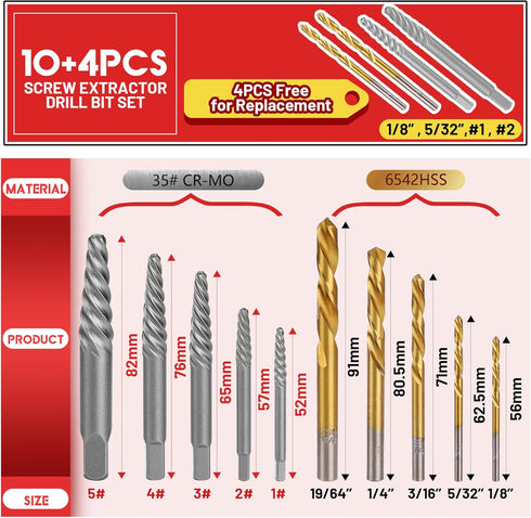 14 Pieces Screw Extractor Set, 35# Cr-Mo & 6542 HSS Steel Cobalt Left Hand Drill Bits Set for Removing Stripped Screws and Broken Bolts Ez Out Screw Extractor Set Broken Bolt Extractor Kit