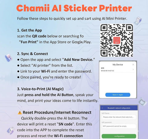 Chamii Set 12 3-12 AI Voice Mini Printer & DIY Art Kit for Kids - Inkless Thermal Instant Art with Coloring pens - Fun