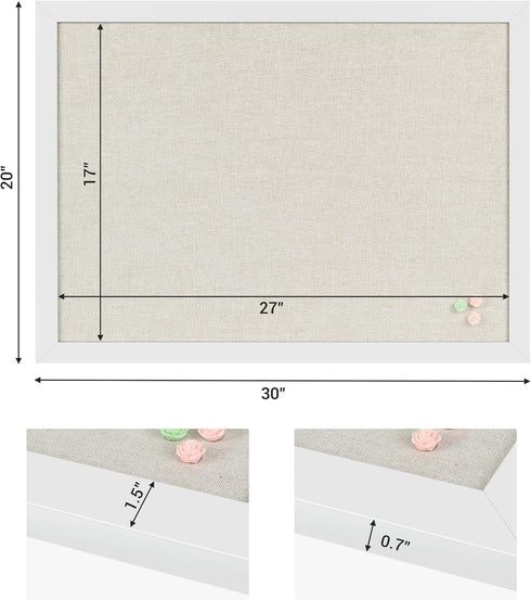 Board2by White Cork Board Bulletin Board with Linen, Wood Framed 30" x 20"