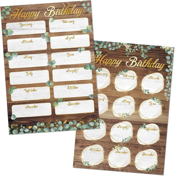 Spakon 2 Pcs Eucalyptus Happy Birthday Chart Poster for Classroom 17.5''x12.4'' Calendar Bulletin Board Decorations
