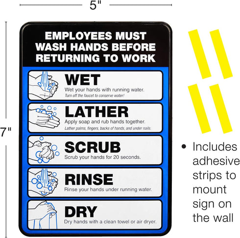 Excello Global Products Employee Must Wash Hand Sign - 5"x7" Plastic Sign for Businesses with Easy Mount Adhesive