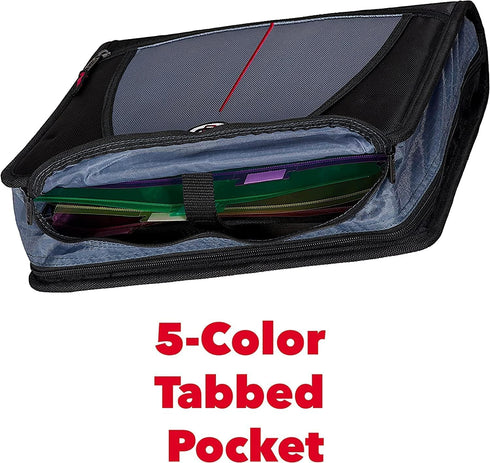Case-it Mighty Zip Tab Zipper Binder, Jet Black, 3" O-Ring, 5-Color Tabs, Expanding File Folder, Shoulder Strap