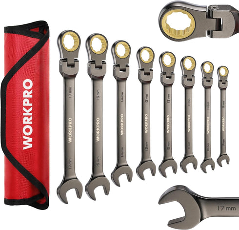 WORKPRO 8-piece Flex-Head Ratcheting Combination Wrench Set, Metric 9-17 mm, 72-Teeth, Cr-V