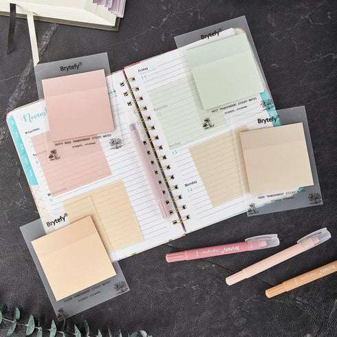 BRYTEFY Pastel Transparent Sticky Notes, Set of 4 Pads 3''x3”, Clear Sticky Tabs, Translucent Page Flags