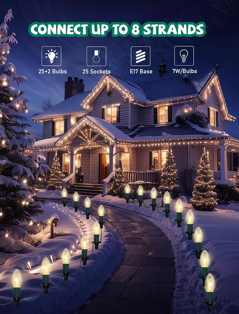 38Ft 25 C9 Christmas Pathway Lights Outdoor, Outdoor Xmas Decorations String Lights with Warm White Christmas Pathway