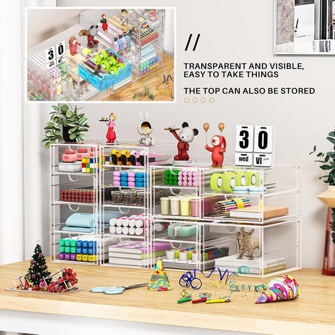 Makeup Organizer with 16 Drawers, 4 Pcs Desktop Office Supplies, Clear Accessories, Dustproof Drawer Storage