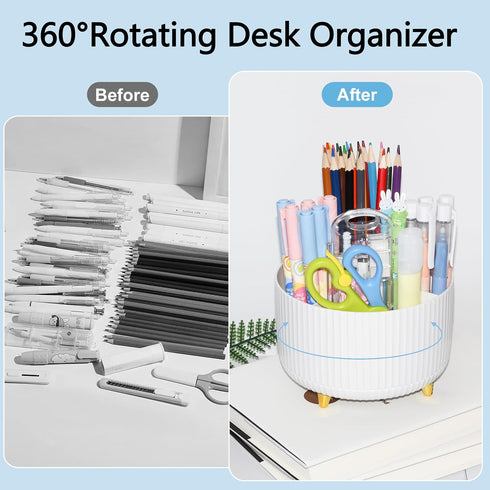 Office Desk Accessories, White 360° Pen Holder Desk Organizers with Tape Dispenser, Stapler, Remover, Staples, Ruler,