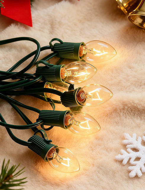 C7 25FT, C7 27 Bulbs, Clear Christmas Lights Outdoor Patio String Lights with Warm White Vintage Christmas Tree Lights