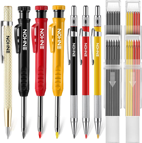 Enhon Mechanical Carpenter Pencils Set with Marker Refills, Carbide Scriber Tool, Built-in Sharpener for Woodworking